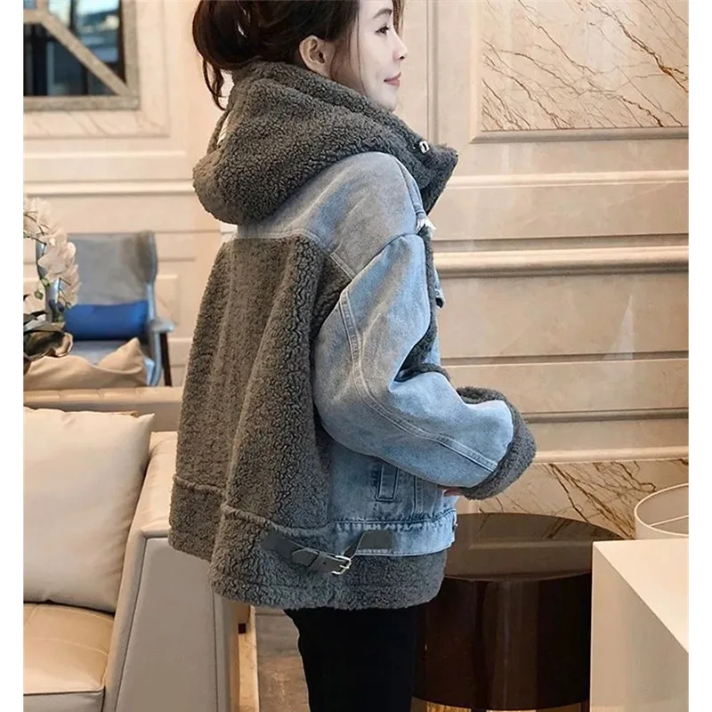 Европейская женская джинсовая верхняя одежда с капюшоном зимняя куртка-парка