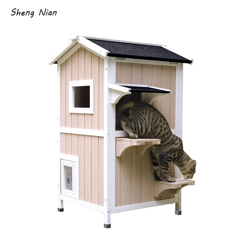 

Outdoor Wooden Cat House Weatherproof Waterproof Stray Cat Shelter Strong Durable Small Animal House With Escape Door Pet Cage