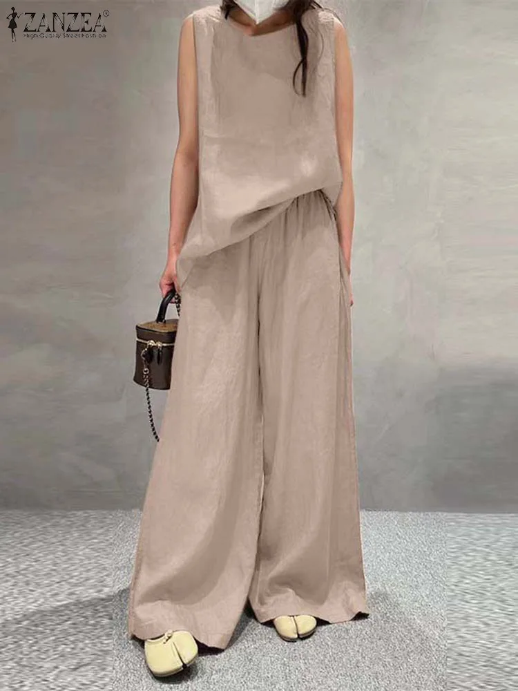 

ZANZEA 2023 Tank Tops Tracksuits Women Casual 2pcs Outfits Summer Holiday Solid Color Pant Sets Office Wide Leg Trousers Sets