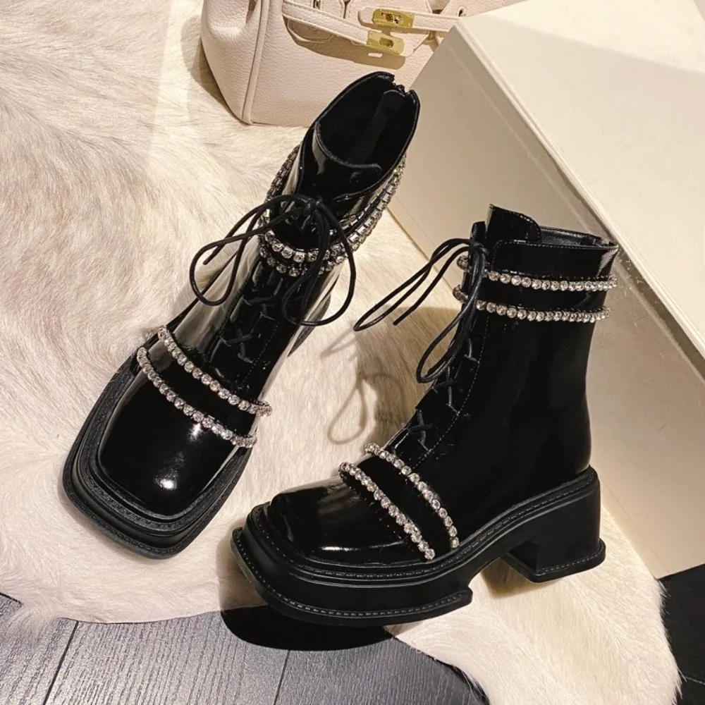 

Patent Leatherr Rhinestone Trimmed Boots With Lace Up Square Toe Ankle Panels For Fashionable Winter Women's Latest 2024 Shoes