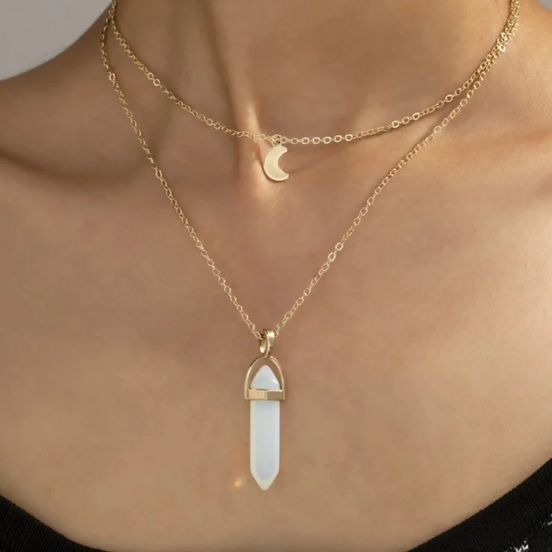 

Fashion Natural Stone Necklace Quartz Necklaces Crystal Hexagonal Prism Hexagon Pendant Hanging Jewelry for Women Men