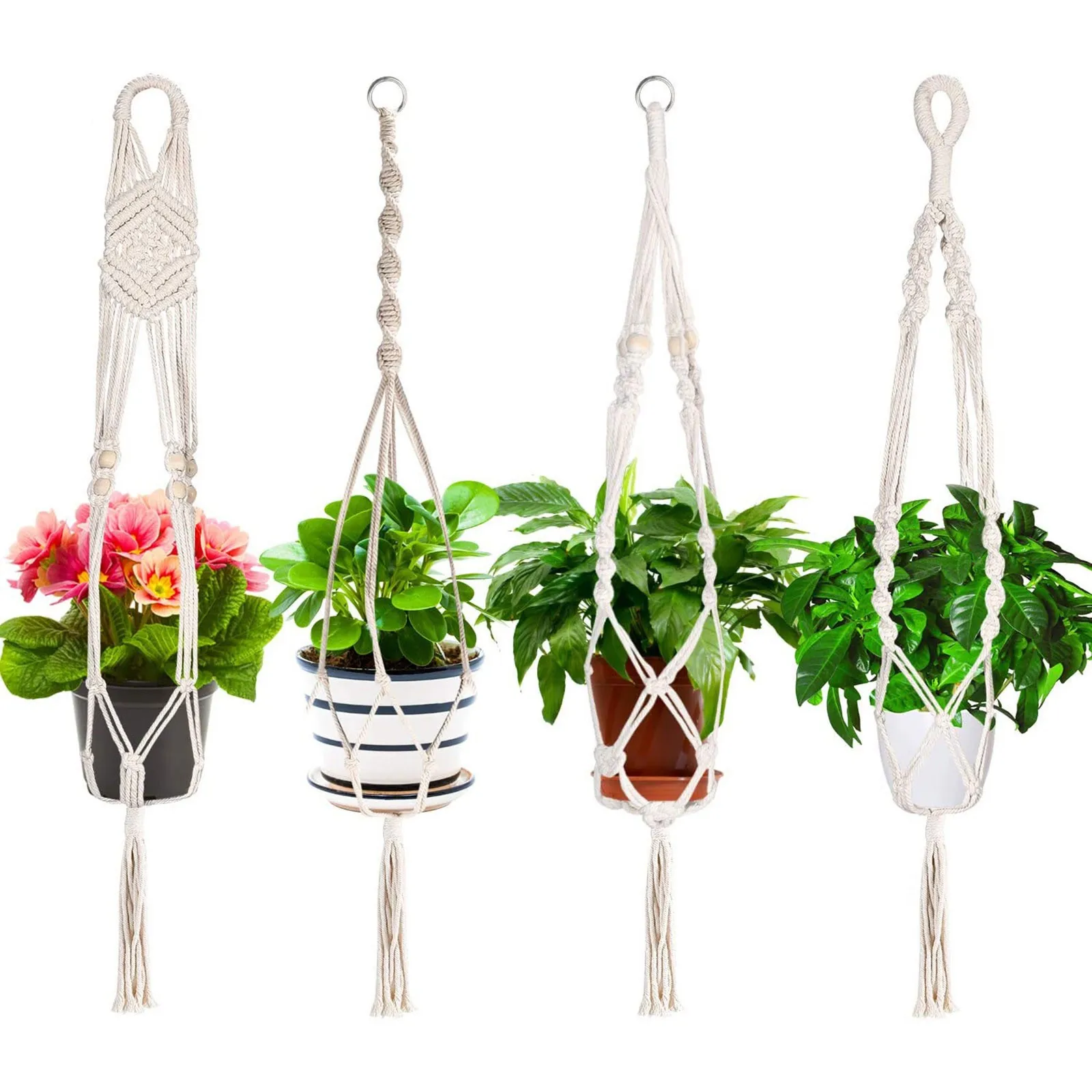 

4pc Hanging Plant Handmade Macrame Plant Hanger Flower Pot Planter Hanger Wall Decor Courtyard Garden Hanging Planter Basket
