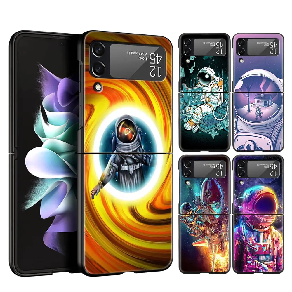 

Cute Astronaut Luxury Phone Cover For Samsung Galaxy Z Flip Case Black For Samsung Z Flip 3 5G Hard PC Foldable Shell Fundas Bag