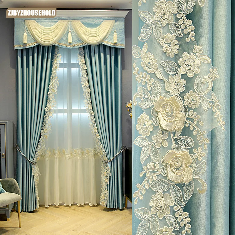 

Modern customized curtains for Living Room Bedroom Minimalist Blue high shading luxury Embroidery window Curtain