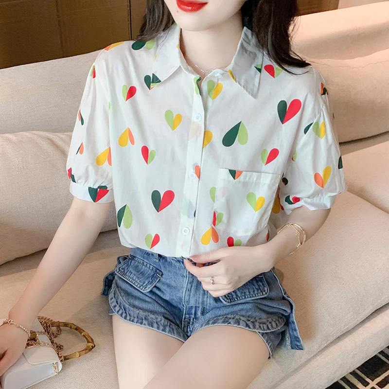 

Летняя женская блузка, топы, женские рубашки с коротким рукавом, модные женские блузки, новинка 2022, блузка с лацканами и принтом Love, рубашка, ...