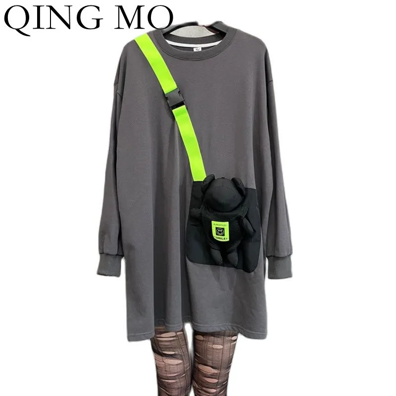 

QING MO 2022 Spring New Round Neck Long-sleeved T-shirt Women Fashion Stitching Doll Loose Large Size Long T-shirt Gray ZWL2208