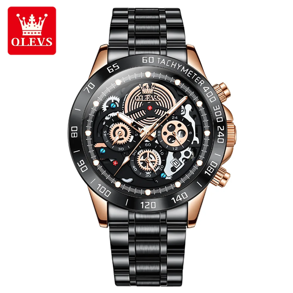 

OLEVS New Hollow Design Sports Quartz Men's Watch Stainless Steel Chronograph Large Dial Waterproof Multifunctional Men's Watch