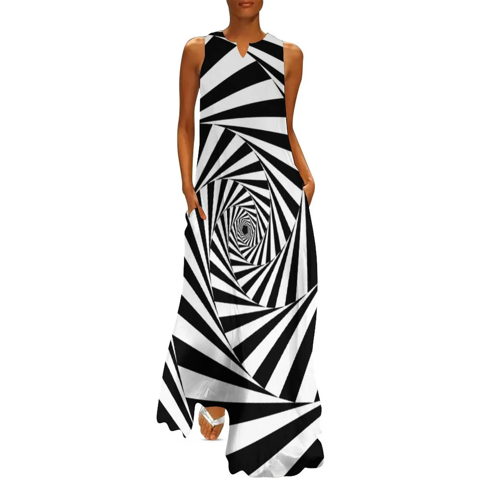 

Black And White Eyes Optical Illusion Dress Aperture Spiral Abstract Elegant Maxi Dress V Neck Streetwear Casual Long Dresses