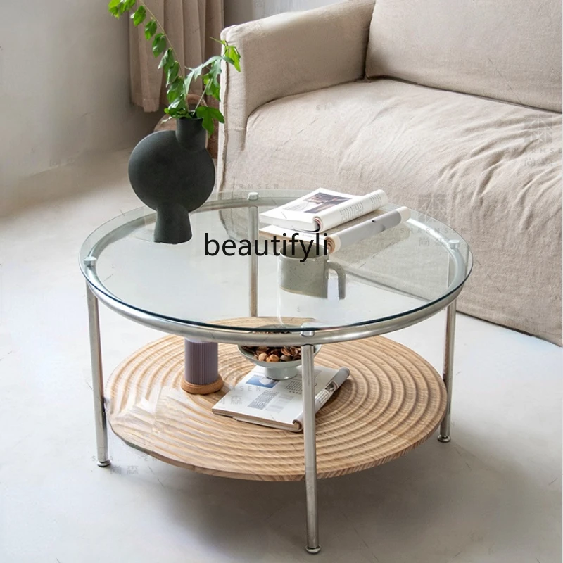 

yj Nordic Solid Wood Coffee Table Light Luxury and Simplicity Modern round Tempered Glass Table Ins Style