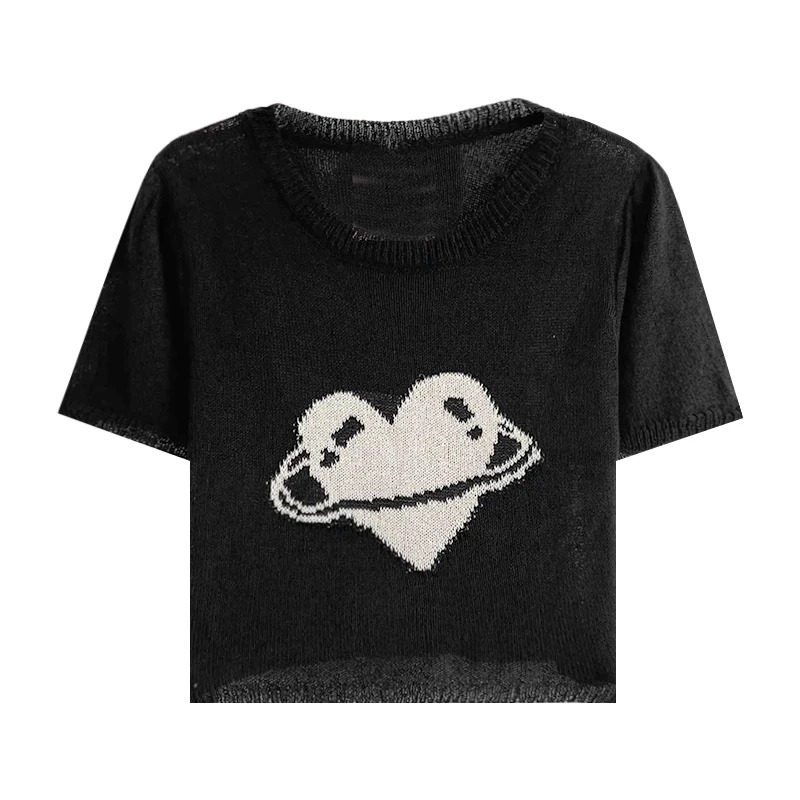 

Retro Sweet Girl Funny Love Heart Jacquard Summer Thin Slim Short Section Knit T-shirt