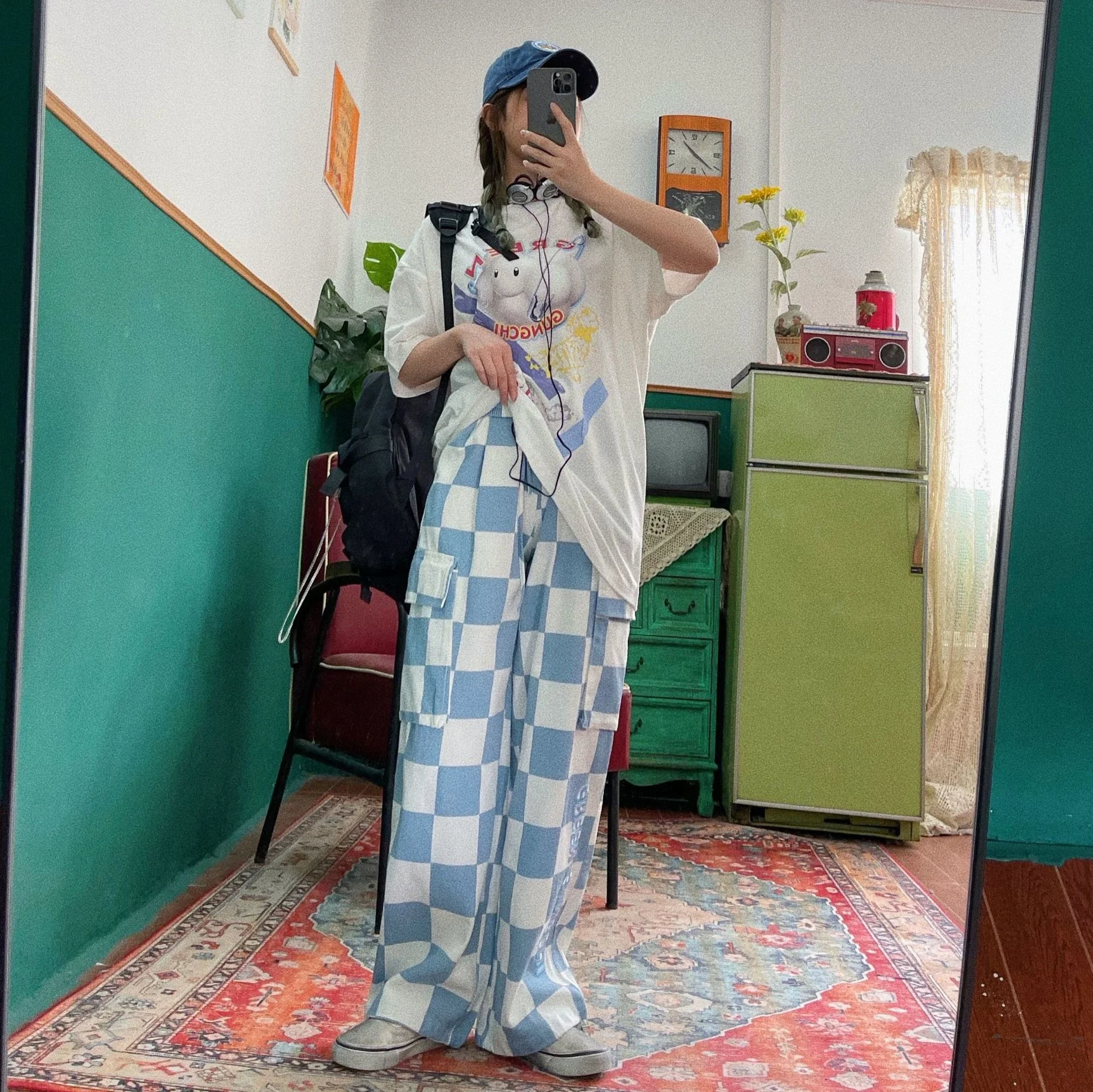 

Harajuku large loose plaid women street casual pants wide leg Korean fashion