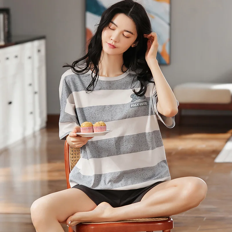 100% Cotton Women Pajamas Sets Striped Pyjamas Famale Loungewear Pijamas Short Sleeve T-Shirt Shorts Suit Sleepwear Nightwear