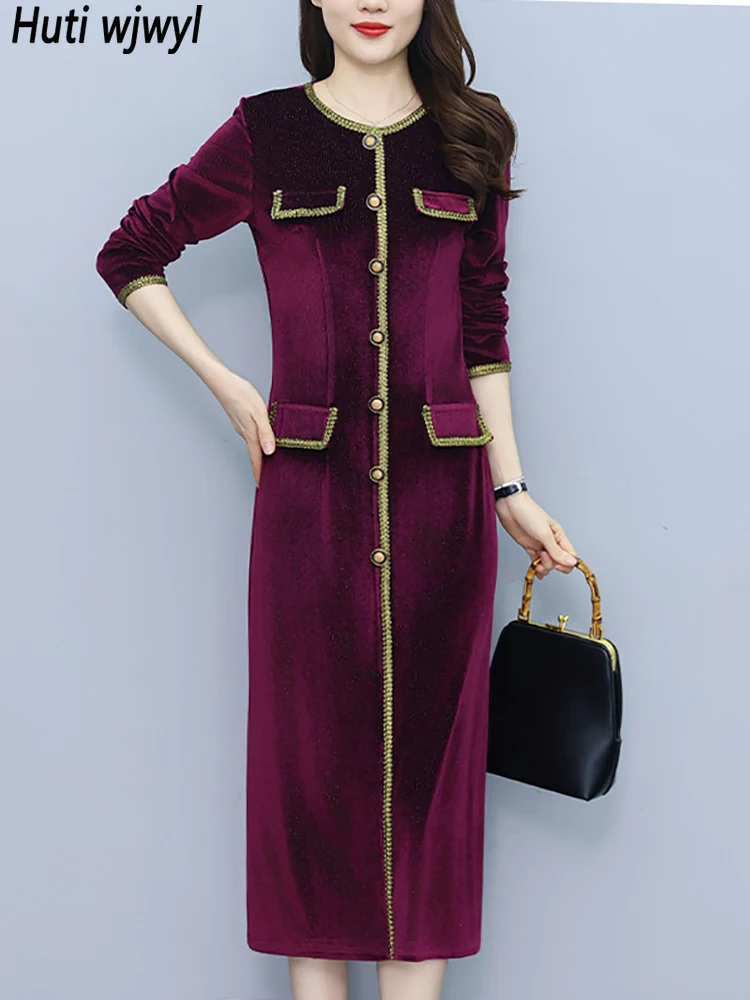 

2023 Autumn Winter Velvet Thick Warm Dress Women Elegant Bodycon Party Night Midi Dress Vintage Luxury Solid Prom Long Vestidos