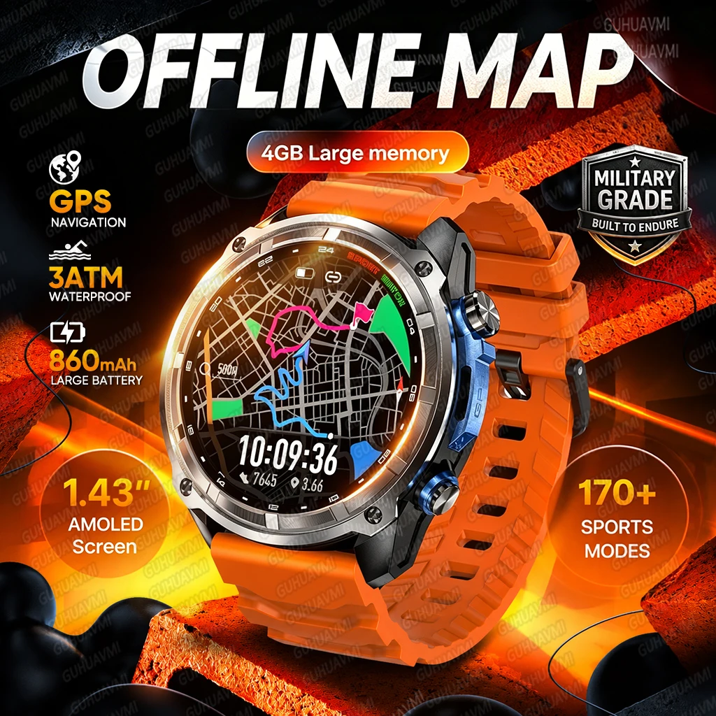 Фото Новые военные смарт-часы 2026 года с GPS и офлайн-картами для мужчин, 1,43-дюймовый AMOLED-экран, 4 ГБ ОЗУ, водонепроницаемость 3ATM, часы для плавания, Bluetooth-звонки, спортивный браслет №1
