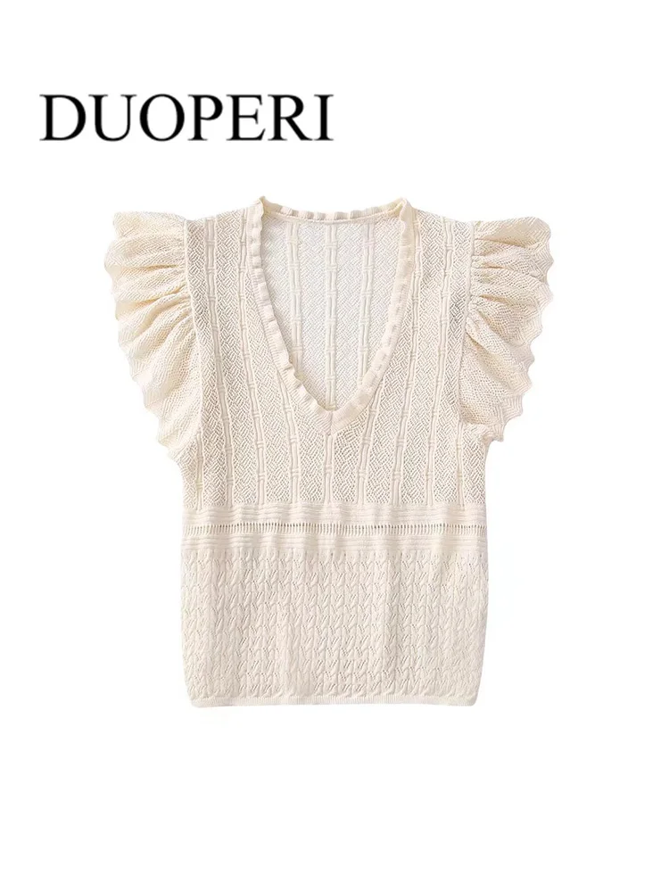 

Женский трикотажный свитер DUOPERI, однотонный жаккардовый сетчатый вязаный жилет, винтажный Женский пуловер без рукавов с оборками, шикарные ...