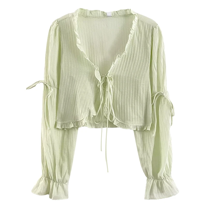 

Summer sweet and fresh solid color fungus edge V-neck thin long-sleeved sunscreen cardigan shirt