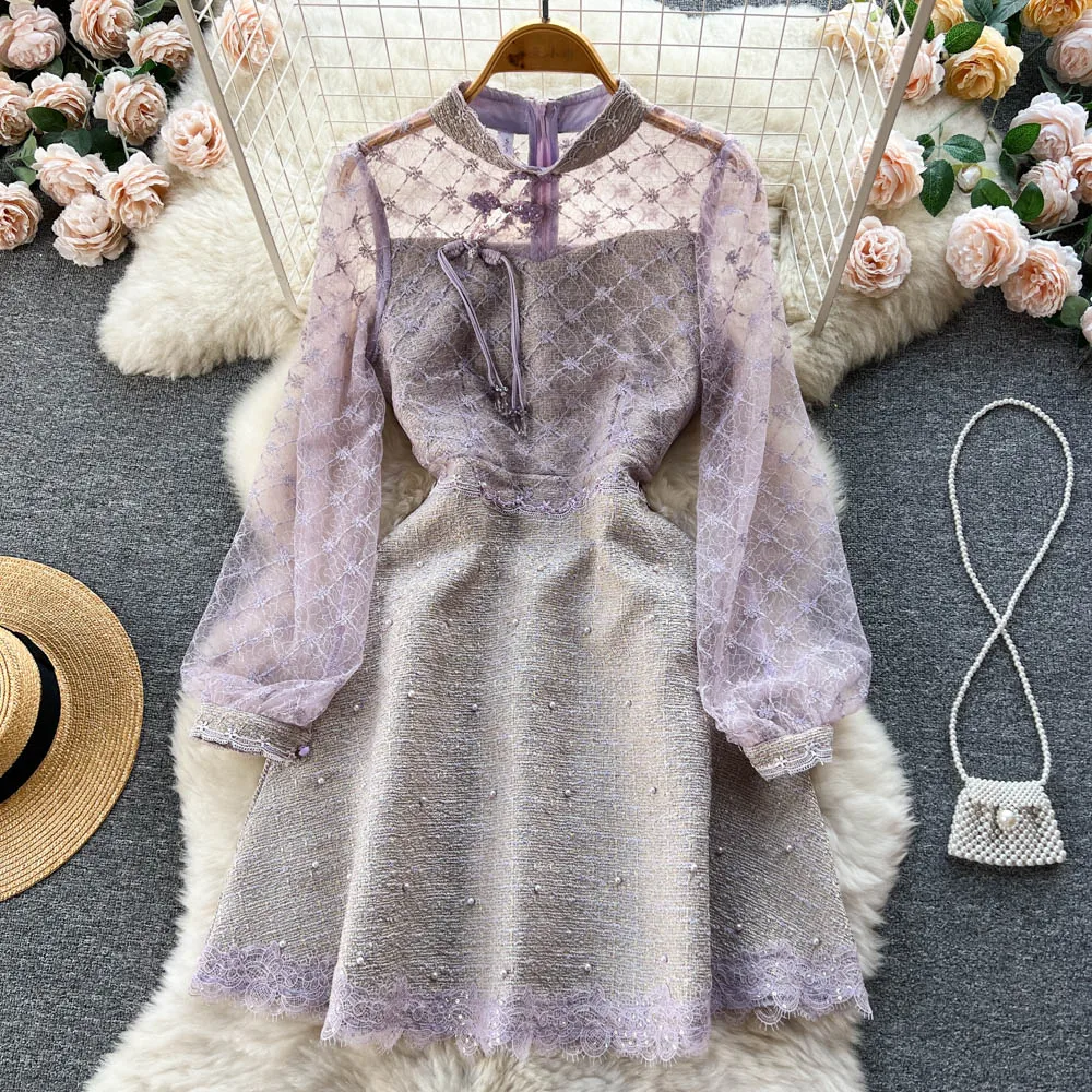 French Sweet Heavy Lace Mesh Stitching Beads Korean Version of the Fake Two Pieces Bubble Sleeve A-line Dress