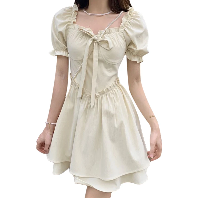 

Kayotuas Women Dress Puff Short Sleeve Off-the-Shoulder Sweet Girls High Waist Lace-Up Ruffles Hem High Waist Ladies Beachdress