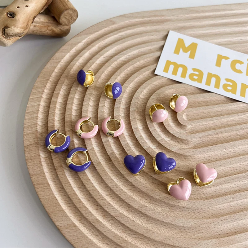 

Vintage Simple Heart Geometric Round Stud Earring for Women Girls Fashion Pink Purple Dripping Oil Alloy Earring Jewelry
