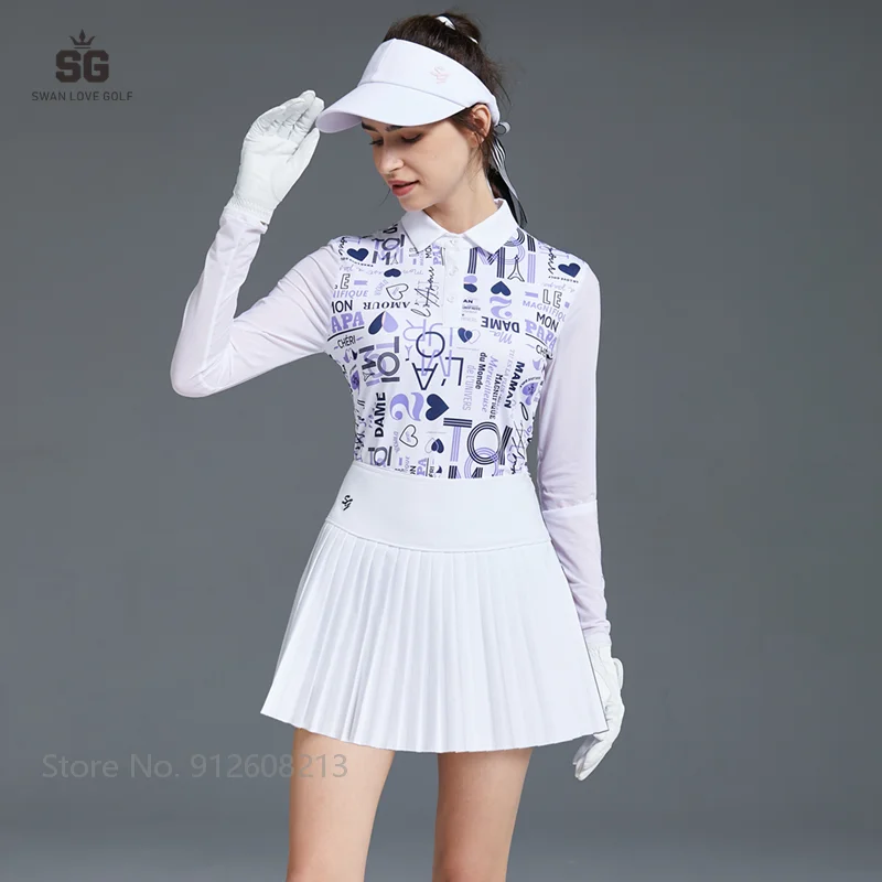 Swan Love Golf Women Shirt Summer Ice Silk Sunscreen Long Sleeve Printed T-shirt Pleated Skirt High Waist Skorts Clothing Sets
