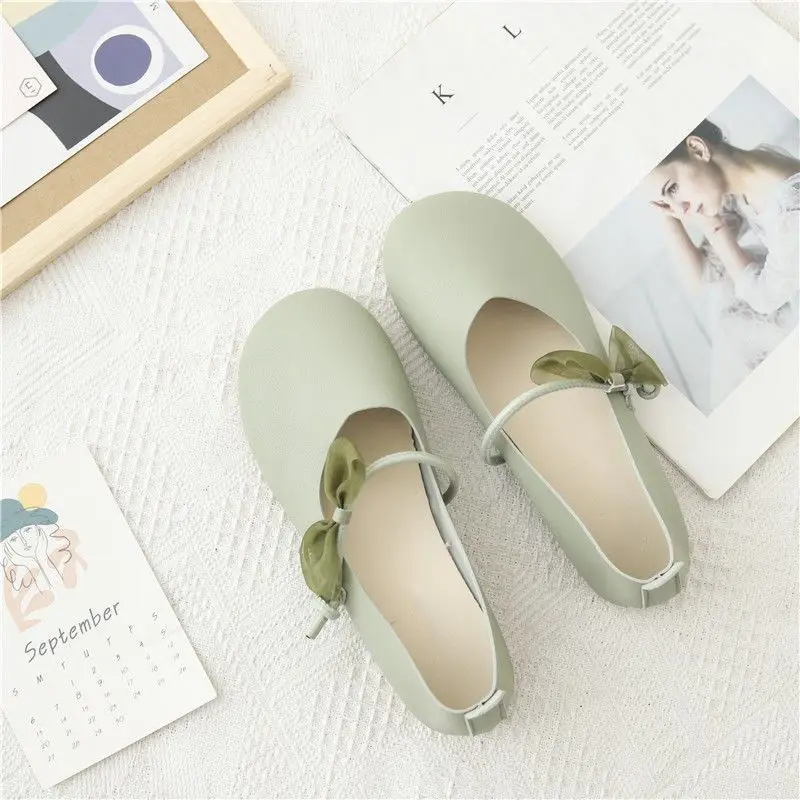 Light Green Ballet Flats Shoes Woman Summer Strappy Loafers Women's Round Toe Driving Shoes Mom Flower Print Bowknot Moccasins