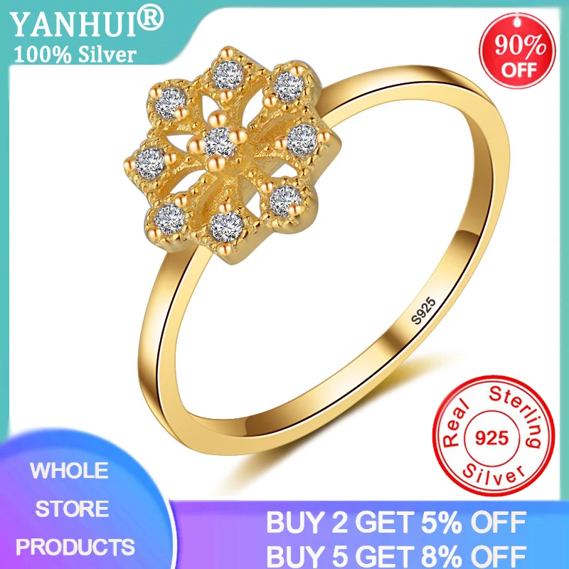 

YANHUI Boho Female Small 9pcs Crystal Zircon Ring Light 14K Gold Color Tibetan Silver S925 Promise Engagement Rings For Women