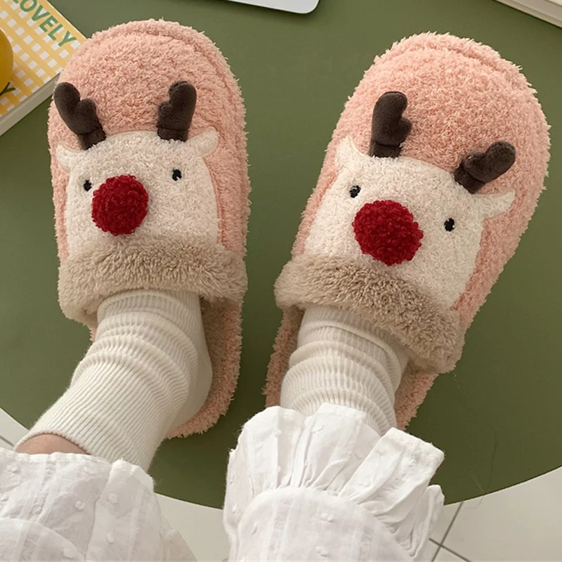 

Christmas Cartoon Elk Warm Women Slippers Cotton Fur Winter Slippers for Women Girl Indoor Cotton Shoes Non Slip Plush Slippers