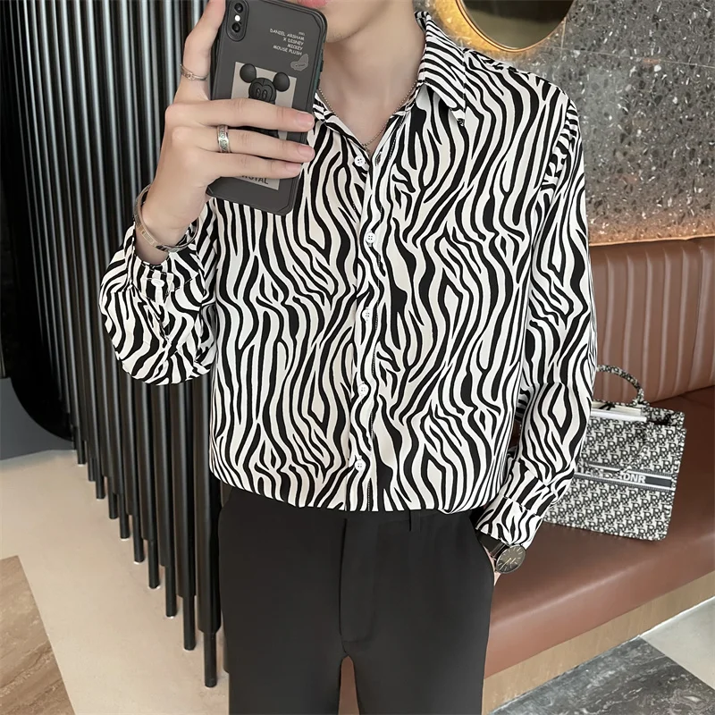 Zebra Printed Shirts for Men 2022 Summer Long Sleeve Loose Casual Shirt Streetwear Social Party Tuxedo Blouse Oversized Shirts