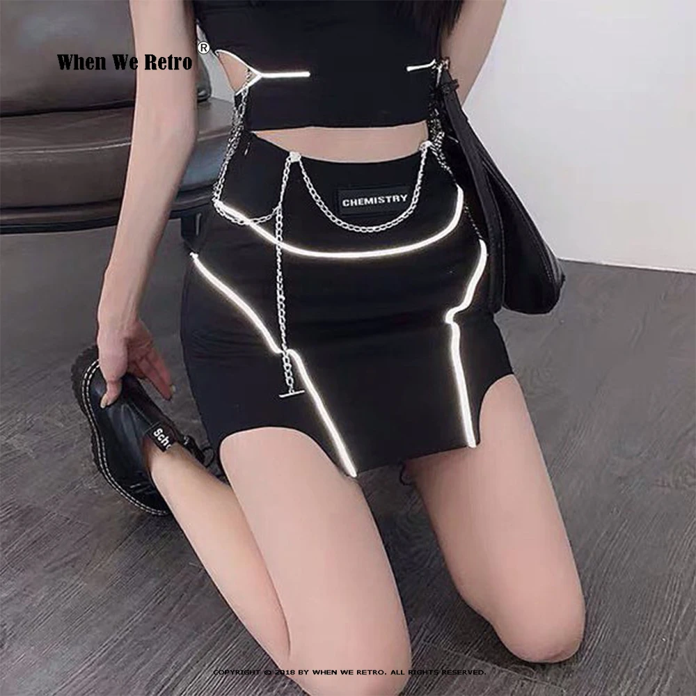 

Модные готические черные короткие мини-юбки, юбка-карандаш на цепочке с высокой талией, украшенная светоотражающими полосками, уличная Клубная юбка RS100