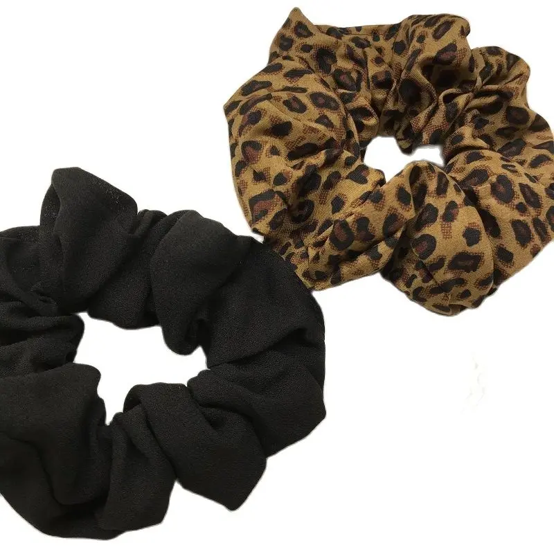 

Wholesale 2pcs women leopard print hair scrunchies solid chiffion Hair bands girl's hair Accessories Ponytail Holder