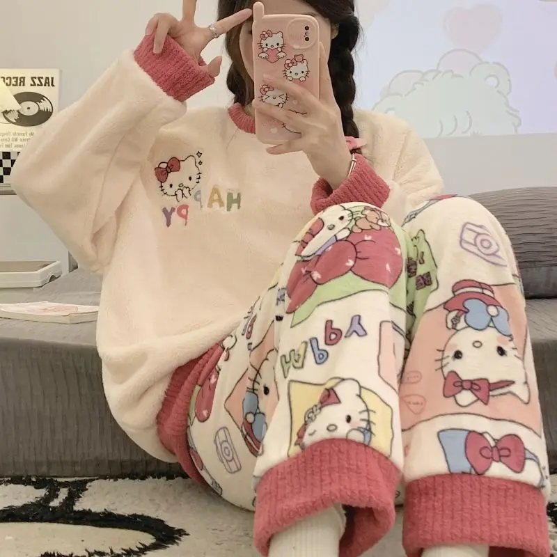 Зимние бархатные теплые пижамы Hello Kitty Cinnamoroll Roll студенческие фланелевые с