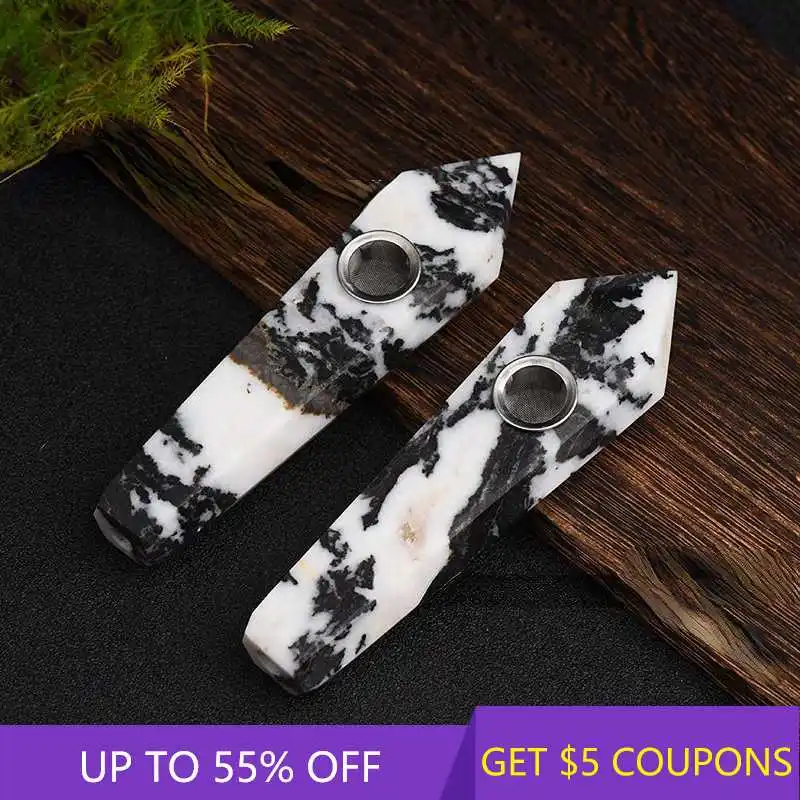 

Natural Black Zebra Stone Smoking Pipe W/ Carb Hole Healing Travertino Alhambra Quartz Crystal Point Column Wand Obelisk Pipes