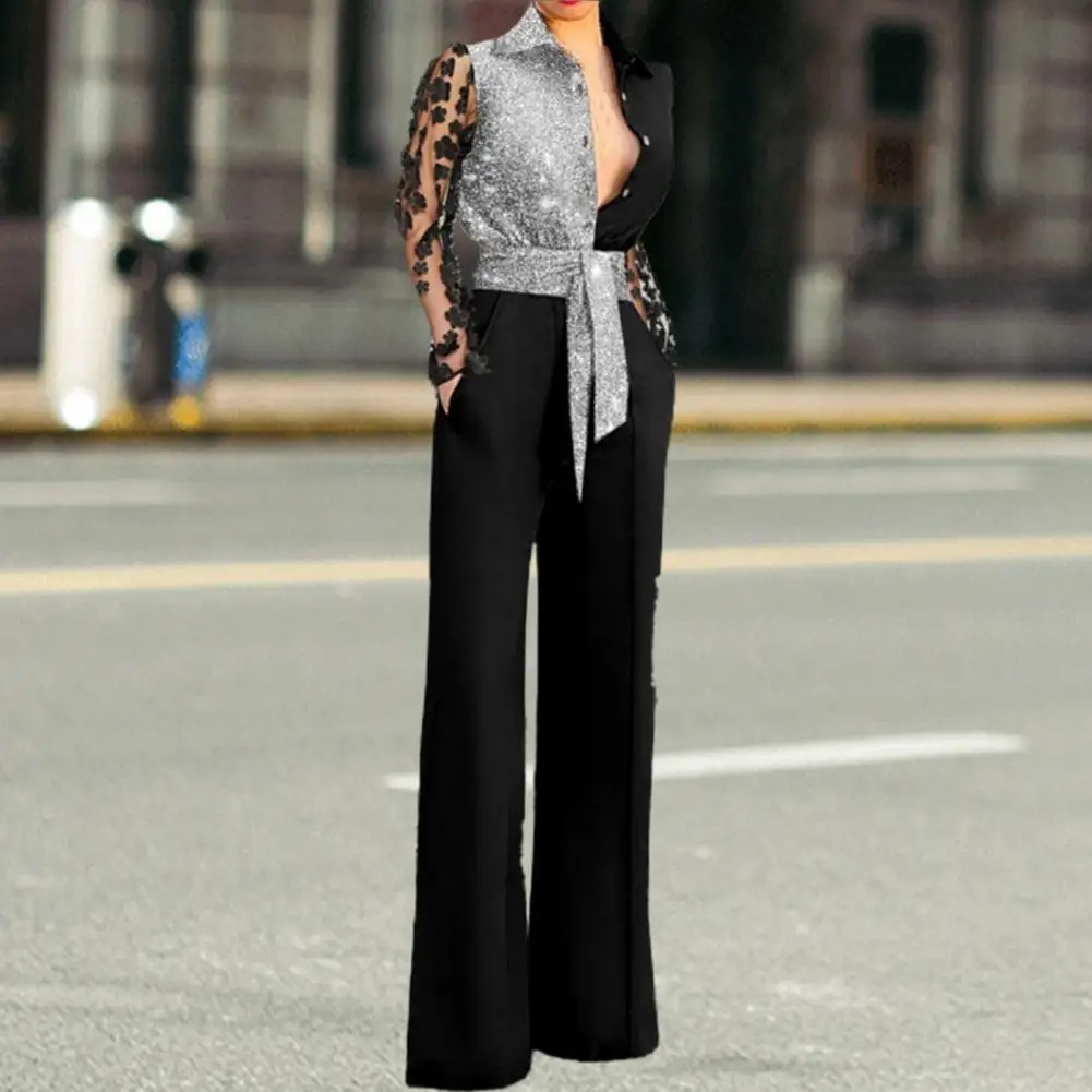 

One-piece Popular Tie-Up Stitching Color Romper Overall Trendy Office Jumpsuit Buttons Closure For Daily Wear