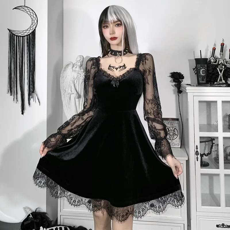 

Black Dress Sexy Lace Panel Flare Long Sleeve Dress Gothic Lolita Girl Lace Trim Velvet A-Line Dresses Party Night Vestidos