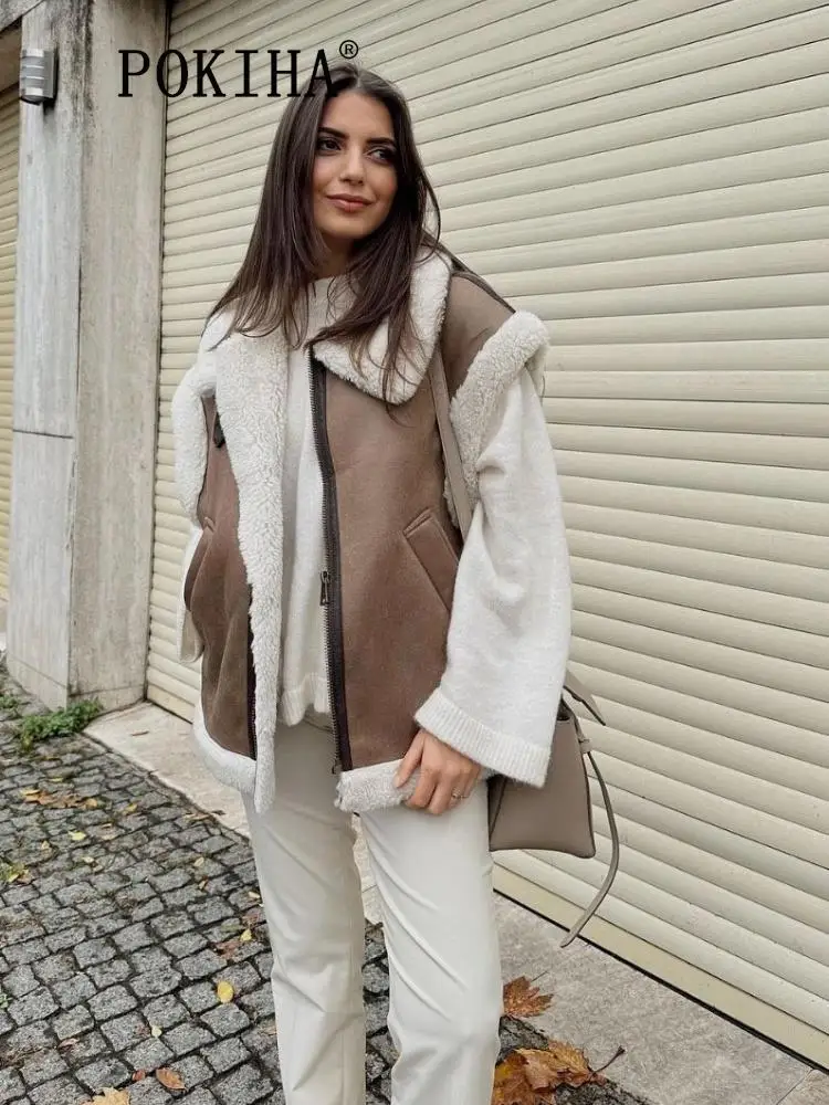 

Pokiha Fashion Women Winter Thick Warm Faux Shearling Waistcoat Vintage Long Sleeve Belt Hem Female Outerwear Chic Vest Tops