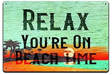 

Tin Signs for Beach House Patio Decor - Metal Sign for Pool, Lake or Ocean Beach Relax You're on Beach Time