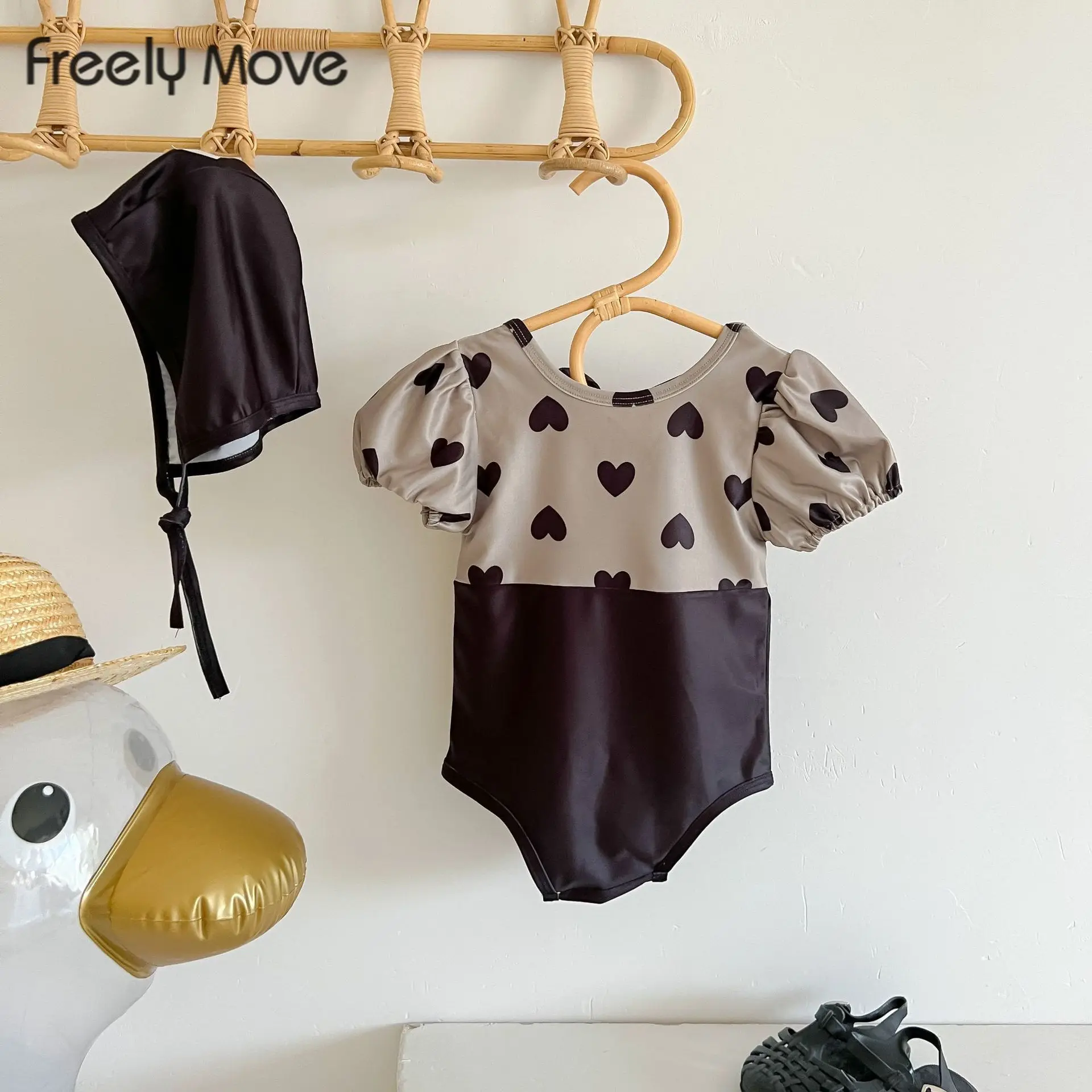

Freely Move Print One Piece Swimsuit for Baby Girls Summer Short Sleeve Cute New Swimming Suit Toddler Kids Beach Swimwear