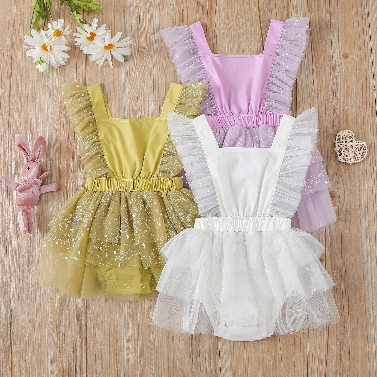 

Newborn Baby Romper Dress Infant Toddler Girls Jumpsuit Mesh Hem Fly Sleeve Sequins Infant Clothing