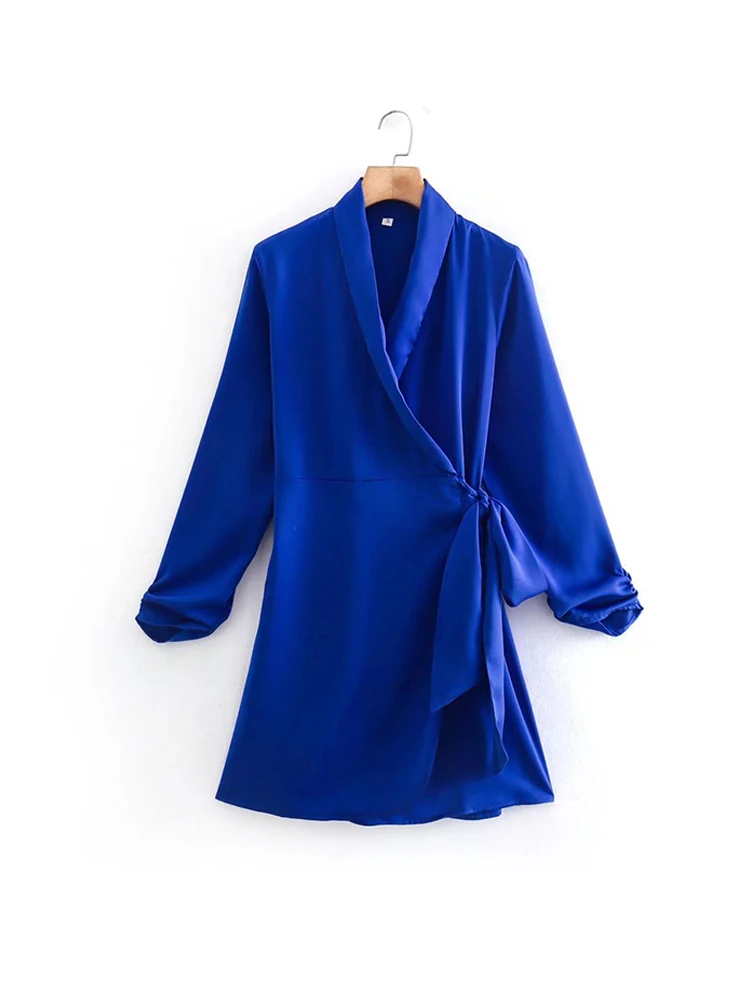 

Women Blue Satin Notched Collar Dress 2022 Spring Autumn V-neck Long Sleeve Lace Up Mini Dresses 2022 jurken