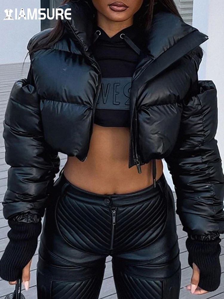 

IAMSURE Casual Hollow Out Pu Leather Cropped Jackets Streetwear Solid Turtleneck Long Sleevee Coats Women 2023 Autumn Winter