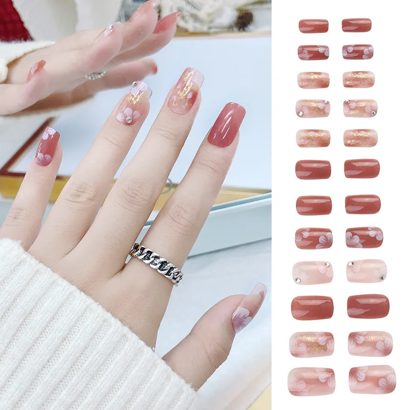 

24PCS Floral False Nails Medium Square Full Coverage Fake Fingernail Tips Artificial Nail Art Pink Glitter Tip