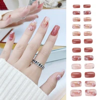 24pcs floral false nails medium square full coverage fake fingernail tips artificial nail art pink glitter tip