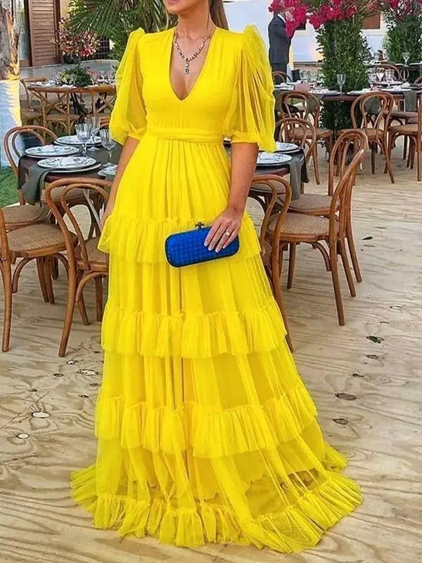 Yellow  Summer Fashion 2022 African Women V-neck Half Sleeve Polyester Long Dress African Dresses for Women African Clothes