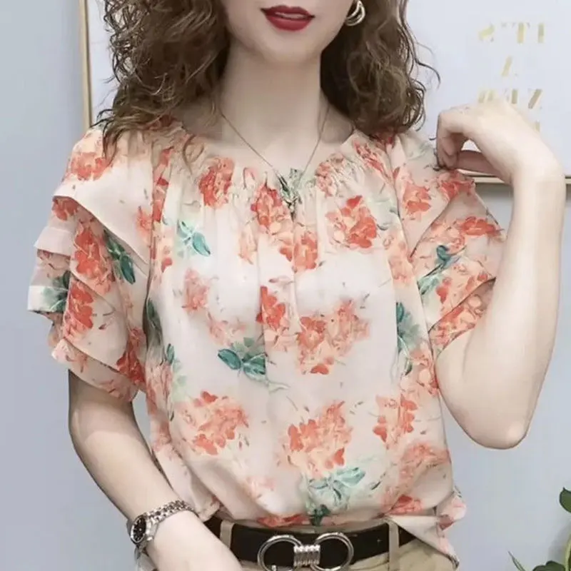 

Casual Ruffles Patchwork Blouse Stylish Ink Painting Women's Clothing Loose Short Sleeve Summer Commute O-Neck Shirring Shirt