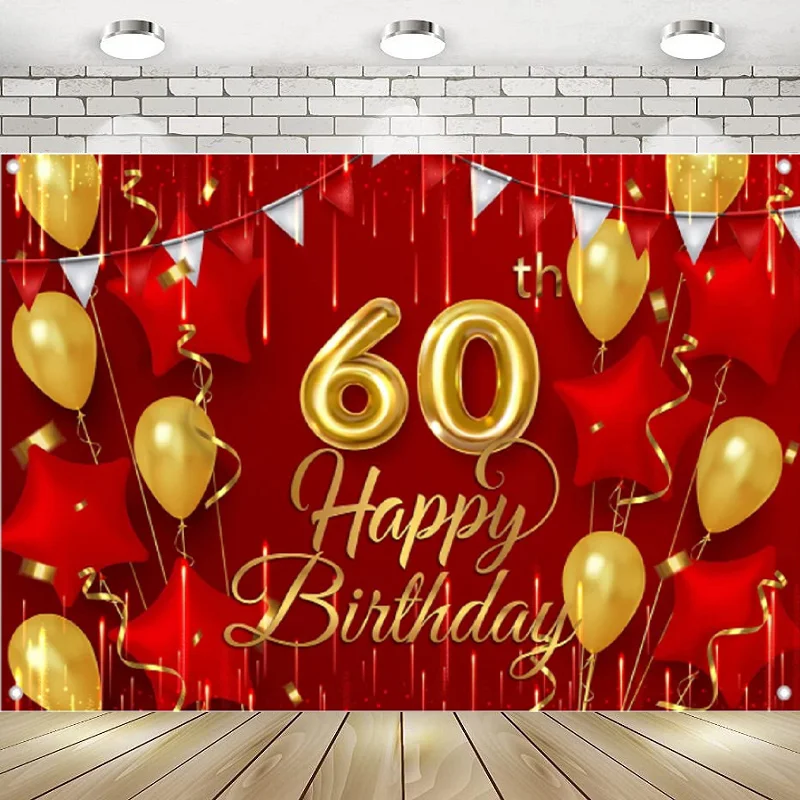 

60th Birthday Photography Backdrop Banner Decorations Red Gold Women Men Happy 60 Years Old Bday Background Decoration