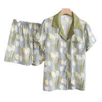 2pcs stain silk pajamas for women french style printed thin homewear short sleeved laple top loose shorts sleepwear woman pjs