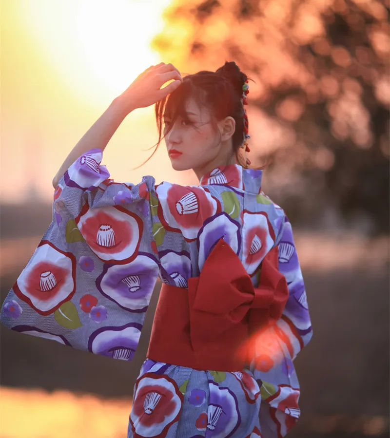 

Japan Style Women's Traditional Kimono Formal Yukata Bathrobe Dress Kimono Girls Suit Cherry Blossom Small Vibration Sleeve 4pcs