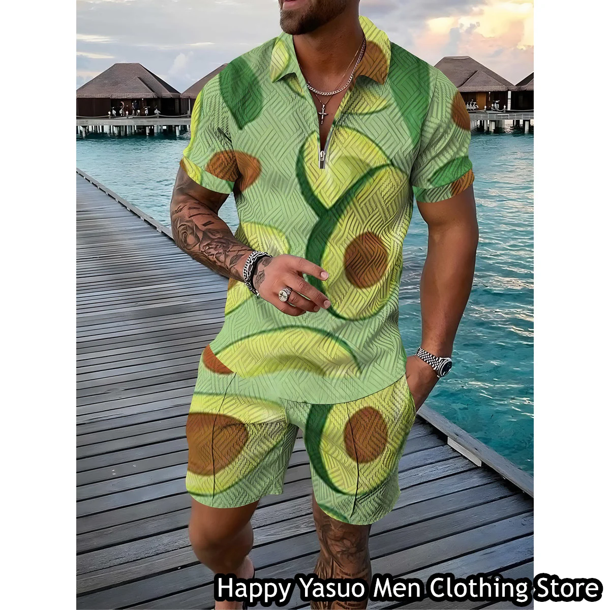 Summer Men Fashion Polo Shirt Set 2 Pieces Casual Tracksuit Fruit Printing Outfit Male Suit Retro Style Hawaii Clothing