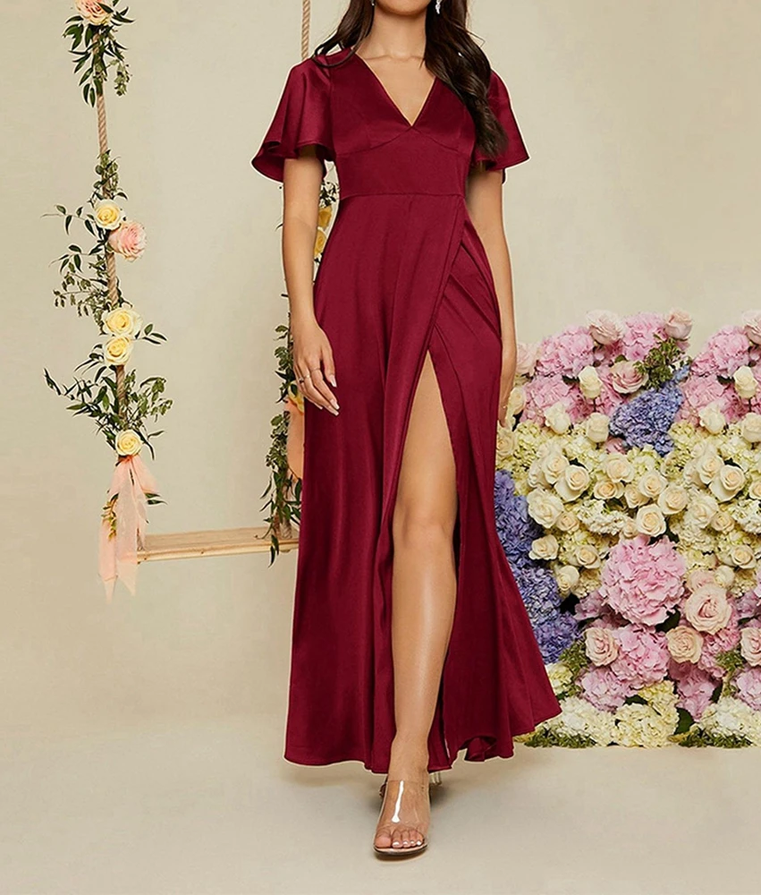 

Elegant Lady V neck New Fashion Women Solid Color Slim Fit Short Sleeve Tie Dye Irregular Evening Gown Femme Party Maxi Dress