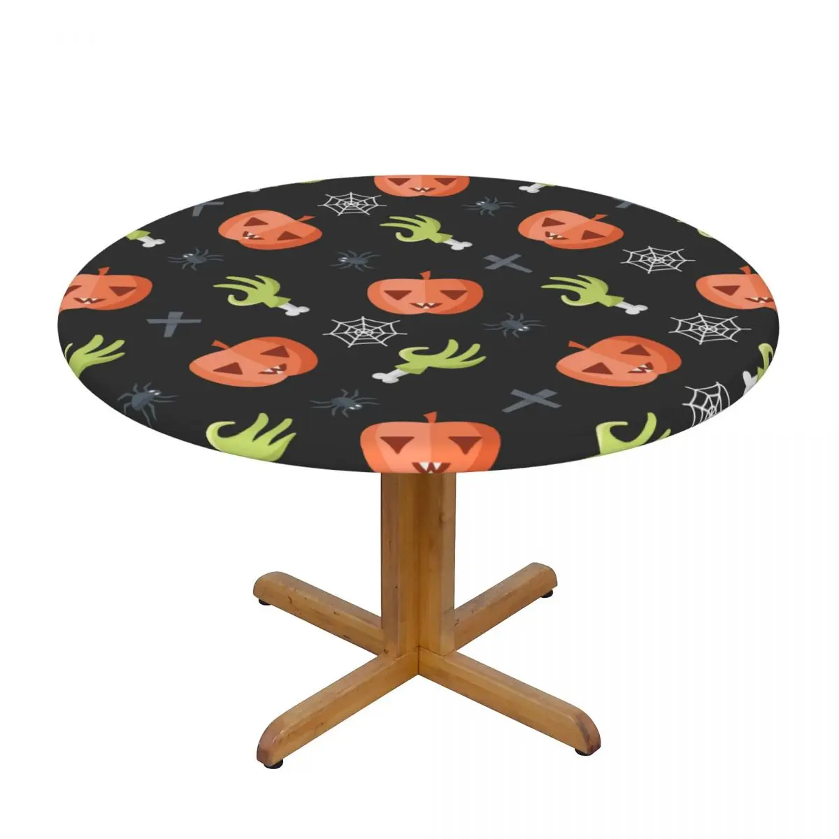 

Round Table Cover Cloth Protector Polyester Tablecloth Pumpkin Rotten Hand Web Spider Fitted Table Cover with Elastic Edged